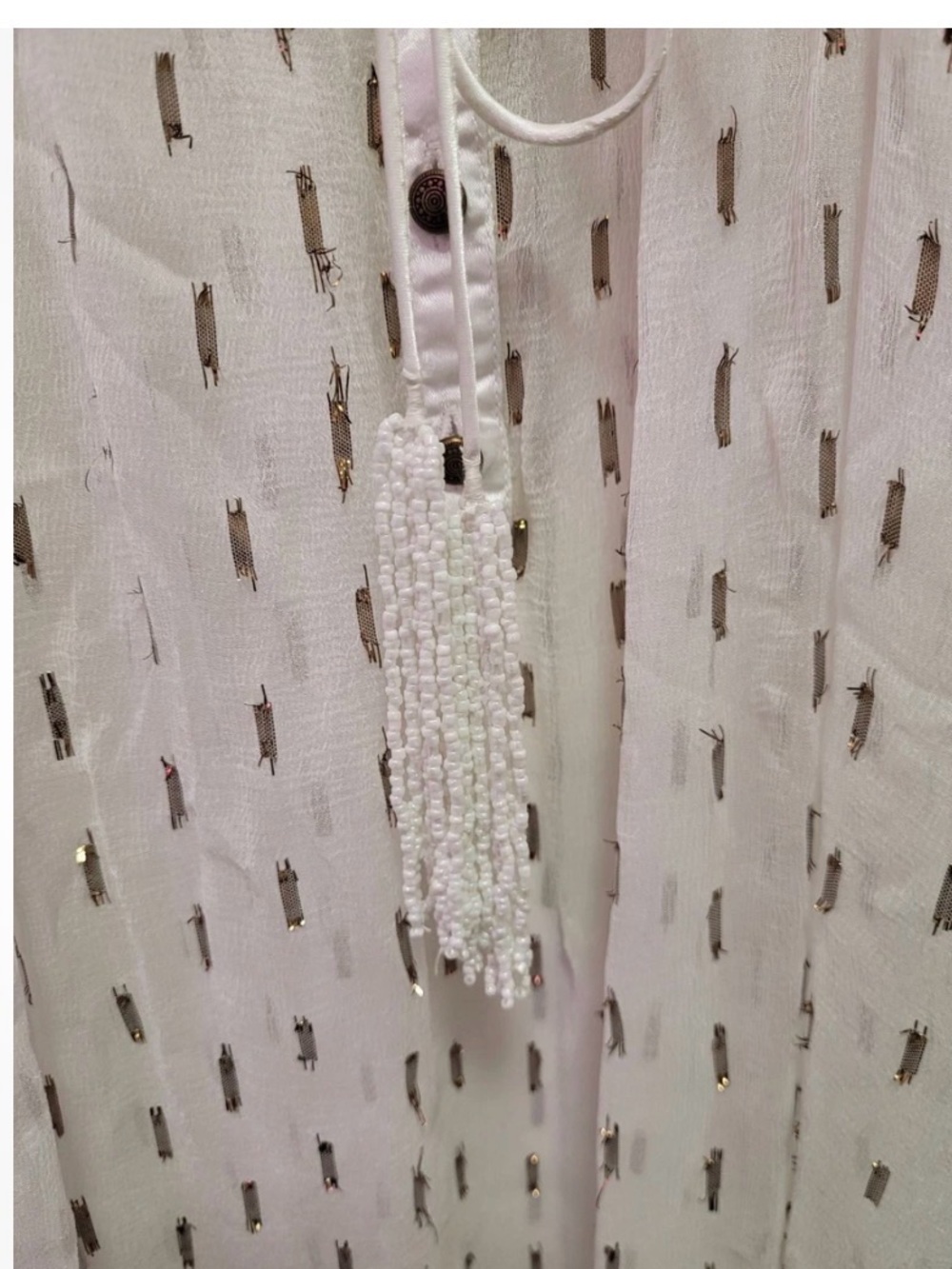 Aratta Sheer White & GoldLong-Sleeve Blouse - with Beaded Tassel Tie. Sz M - Picture 4 of 5